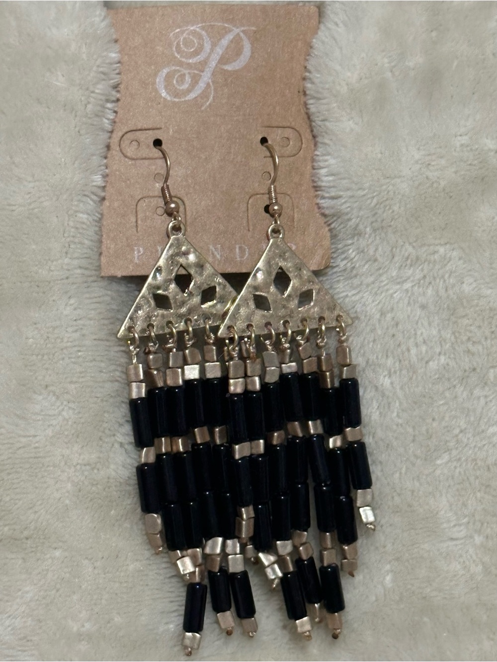 Plunder Pendant Fringe Dangle Earrings - Black and Gold Tone Beaded